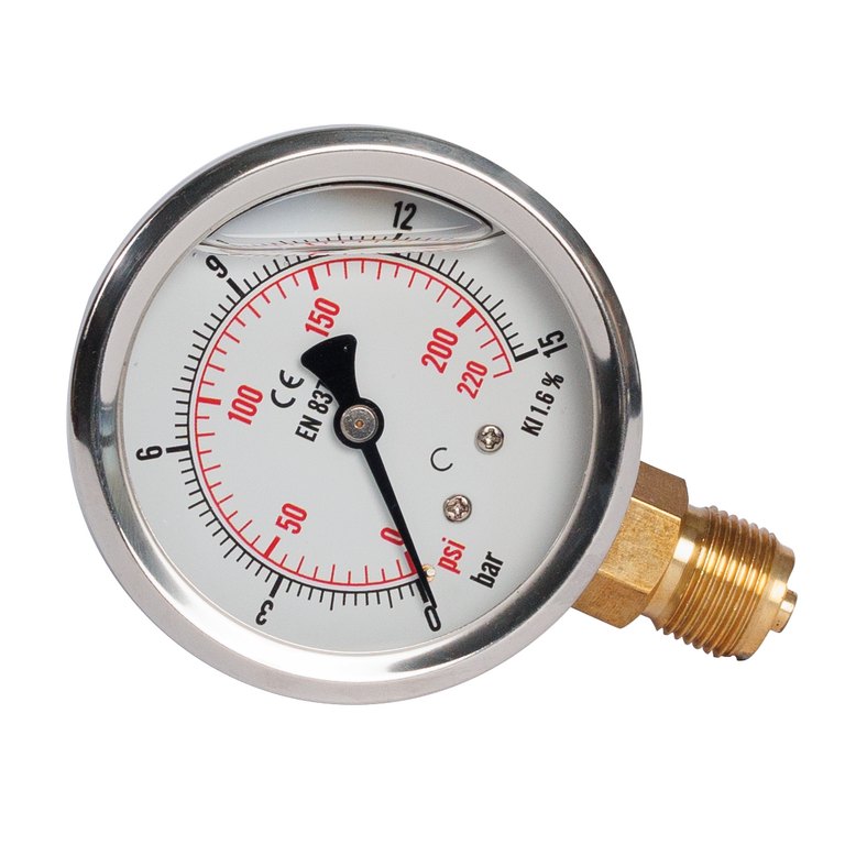 Pressure gauge w. 0-15 bar range. Thread size 1/4 inch BSP. Dial diameter 60 mm.