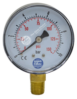 Pressure gauge w. 0-10 bar range. Thread size 1/4 inch NPT. Dial diameter 45 mm.
